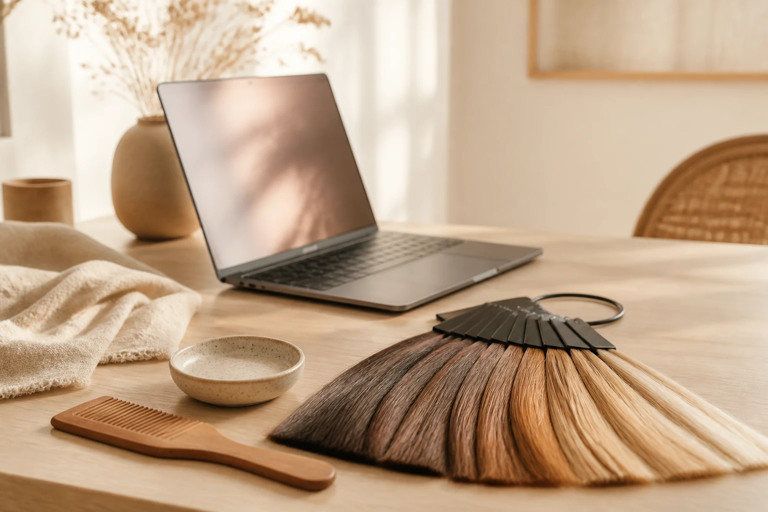 Calm light workspace with a laptop, hairbrush and a colour swatch fan on a linen surface