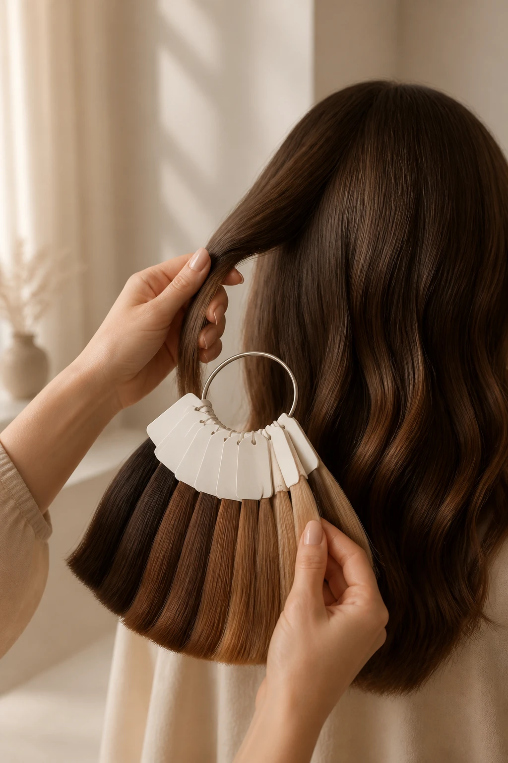 Hands holding a colour swatch ring beside a section of hair in daylight