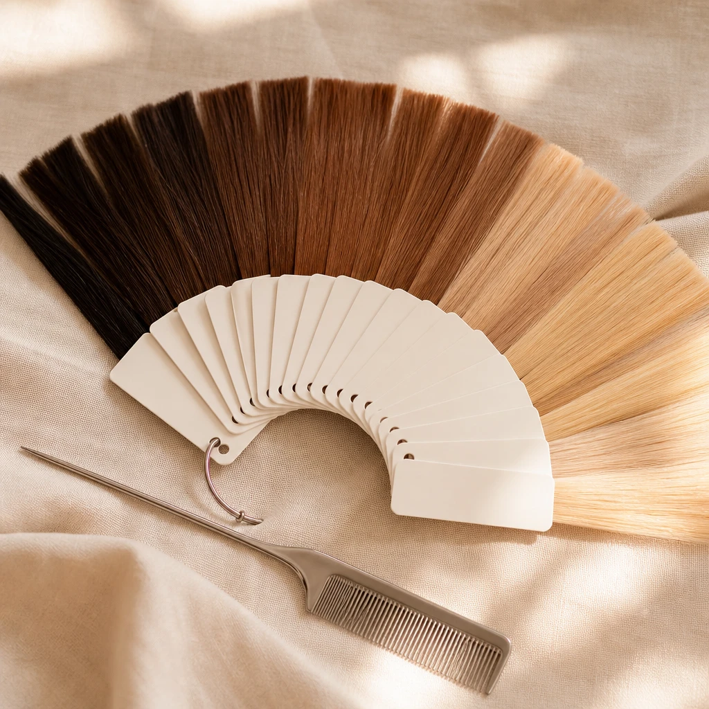 Hair colour swatch fan spread on a neutral linen surface