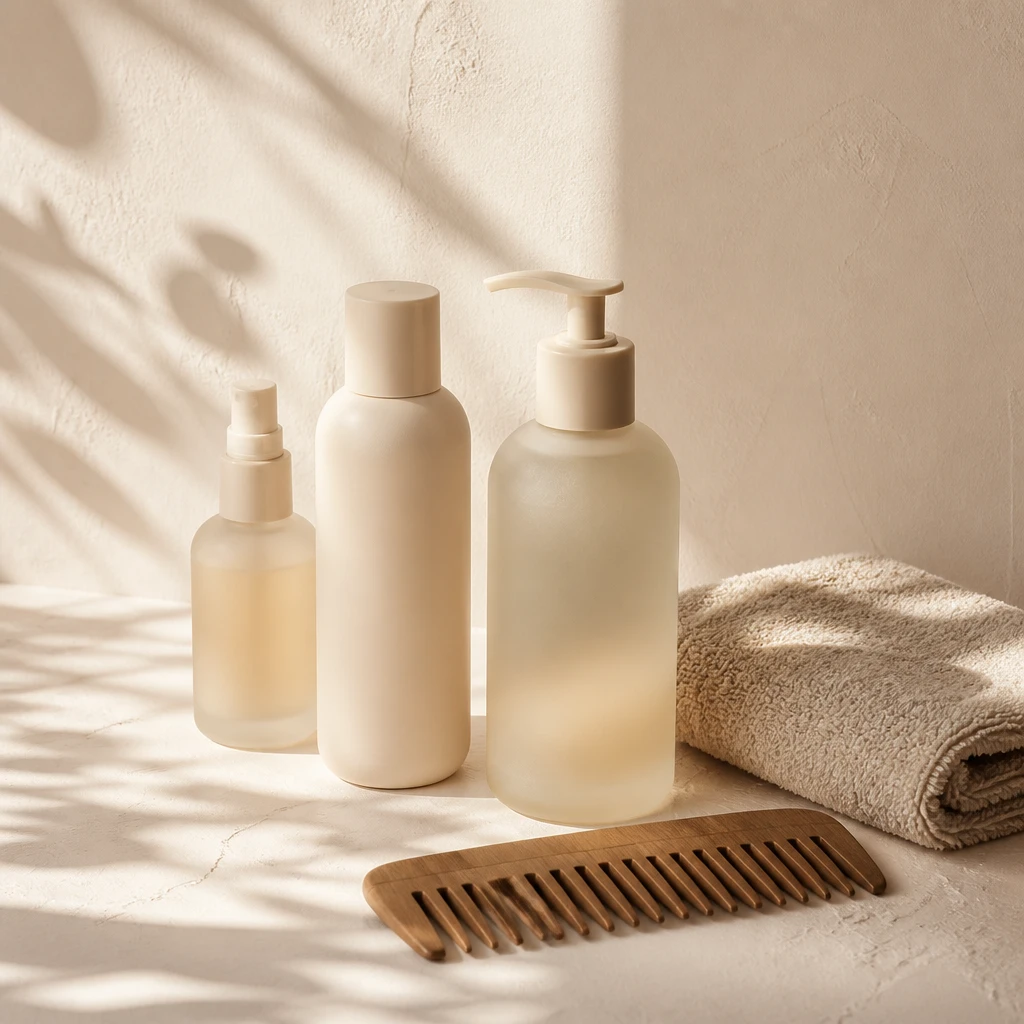 Minimal arrangement of unbranded haircare bottles and a comb on a pale background