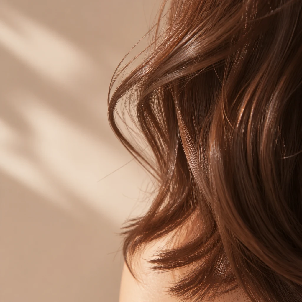 Close-up of hair strands showing texture and shine in soft daylight